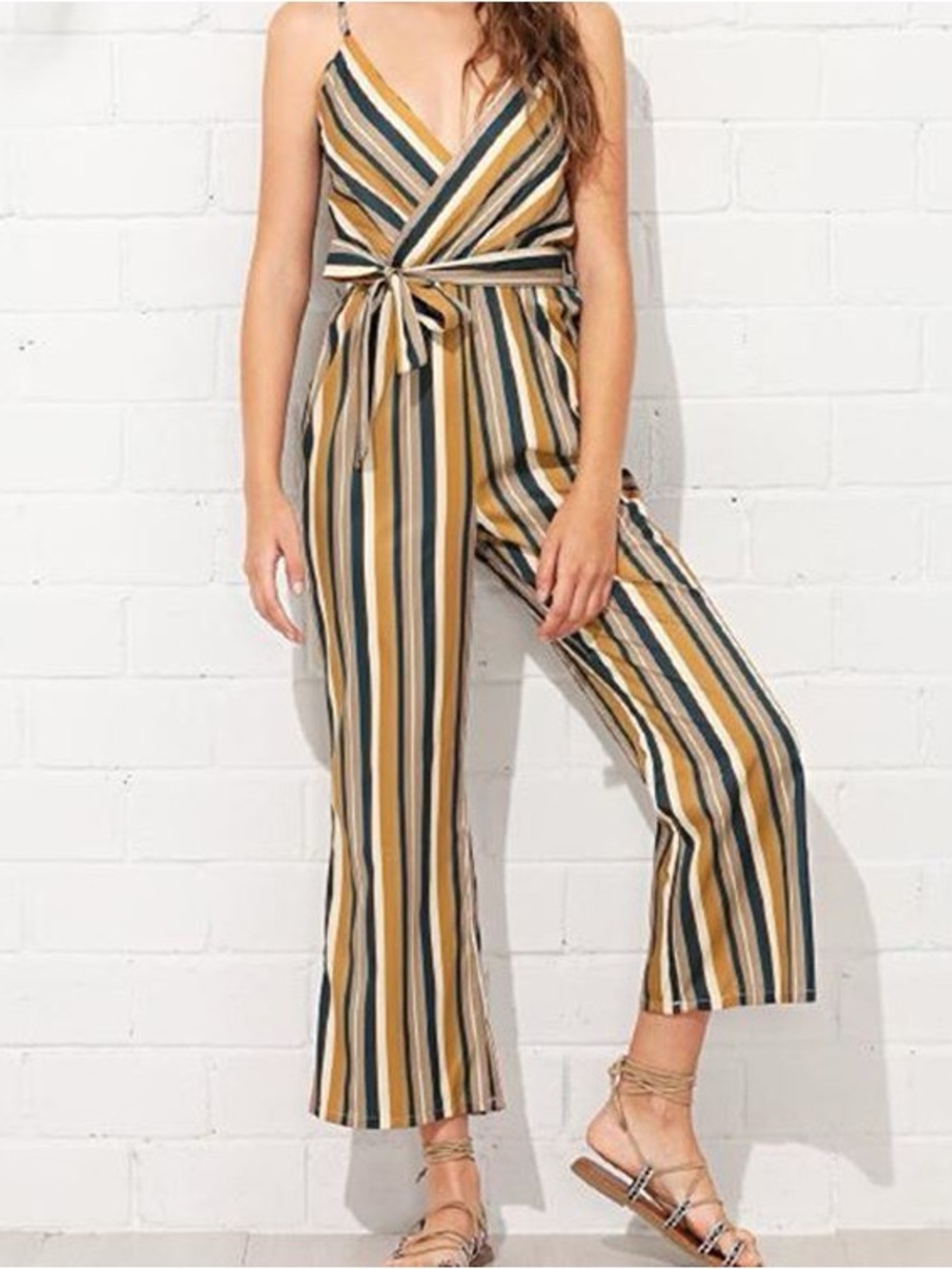 Speechless Striped V-Neck Tie-Waist Jumpsuit in Mustard, Green & Navy